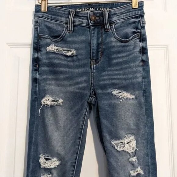 AEO High Rise Jeggings Distressed Denim Skinny Raw - Picture 2 of 8